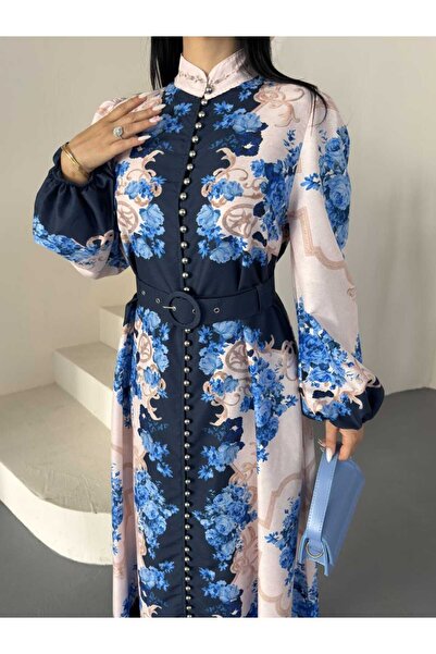 NEW JOURNAL Women's Saks Chokella Fabric Mandarin Collar Belted Maxi Dress Je...