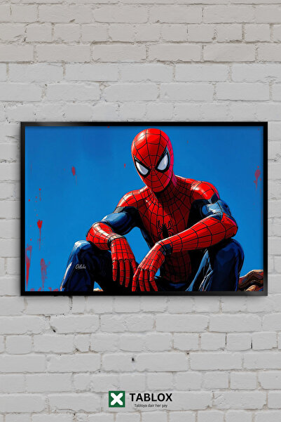TABLOX Örümcek Adam Mavi Çizgi Roman Marvel Poster Çerçeve Görünümlü Dekorati...