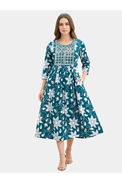 MYSMAR Teal Floral Rayon Kurti with Chikankari Neck Embroidery – VVB9529-Blue...
