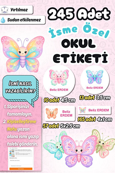 Sticker Ekspres Okul Etiketi Sevimli Kelebekler Kalem Defter Etiketi Özel İsi...