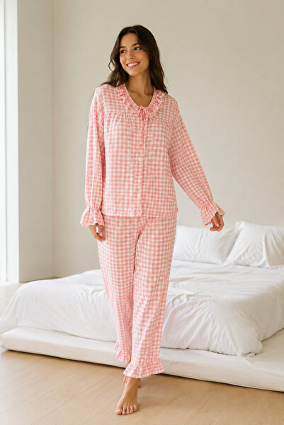 BELLA NOTTE Pink and White Gingham Ruffle Collar Tie-Detail Long Sleeve Pajam...