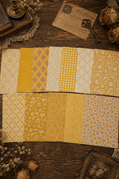stickybloom Vintage Sarı Tonlu Desenler Temalı 12 Parça A6 15*10 cm Kağıt Set...