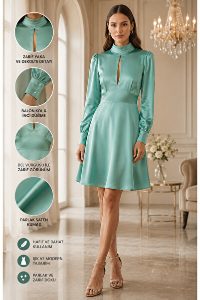 izbul Satin Look Stylish Dress with Balloon Sleeves and Low-Cut Back Design