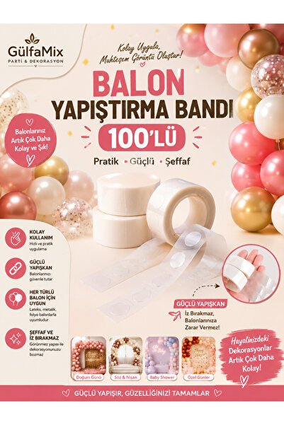 GÜLFAMİX Çift Taraflı Balon Yapıştırma Bandı 100’lü | Balloon Glue Şeffaf Par...