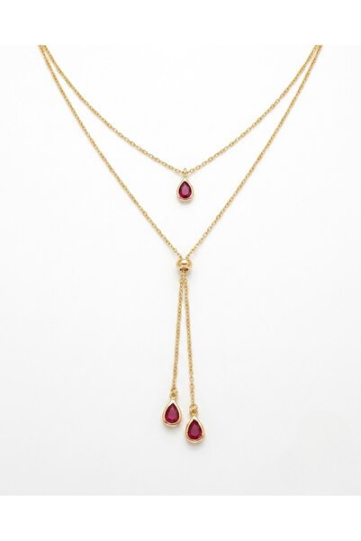 Mupten Women's Gold Color Red Drop Stone Double Y Necklace