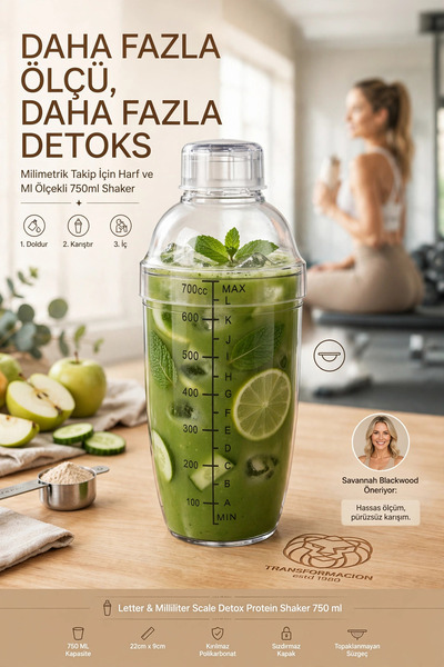 Transformacion Ölçekli Şeffaf Detoks Shaker 750 ml Vitamin Protein Tozu Çalka...