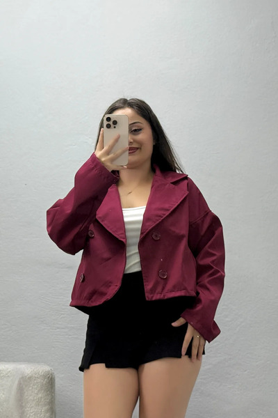 BELENDİR Women's Unlined Double-Breasted Collar Short Trench Coat Cherry