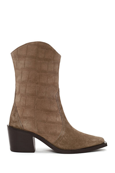 Derimod Women's Mink Printed Thick Heeled Suede Leather Cowboy Boots Wf170035Ds