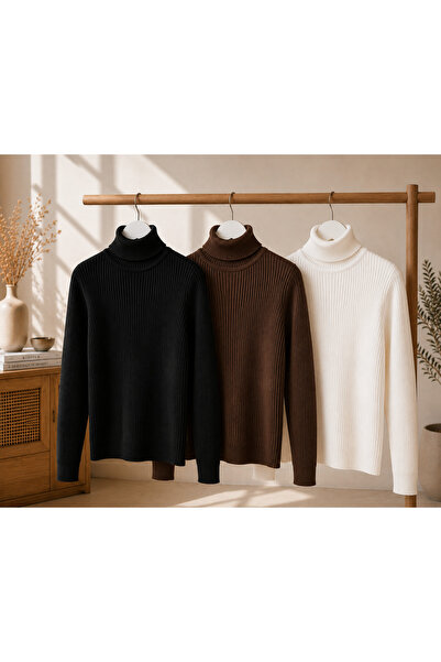 pepule Women's 3-Piece Body-Fitting Turtleneck Ribbed Knit Sweater