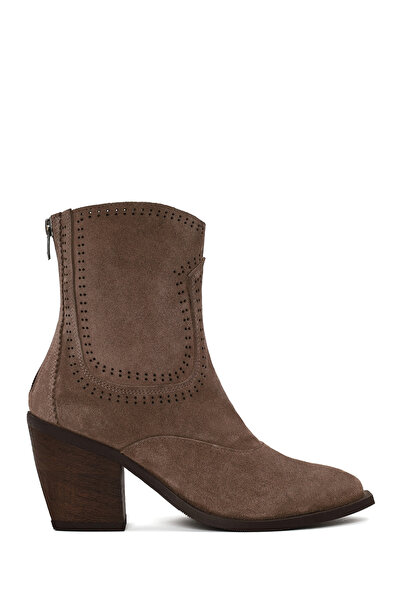 Derimod Women's Mink Zippered Thick Heeled Suede Leather Boots Wf190065Ds