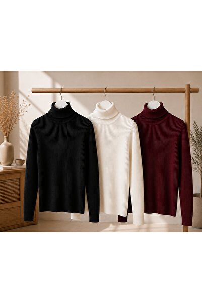 oneoff Women's 3-Piece Body-Fitting Turtleneck Ribbed Knit Sweater