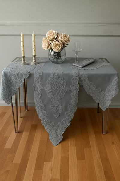 Ceki Home 5 Piece Linen Lace Living Room Set Runner Set Angelika Model Silver...