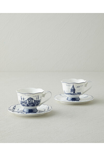 English Home İstanbul New Bone China 4 Parça 2 Kişilik Kahve Fincanı 90 ml Beyaz - Lacivert