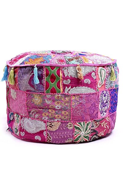 Generic Indian Pouf Footstool Ethnic Embroidered Pouf Cover, Indian Cotton Ro...