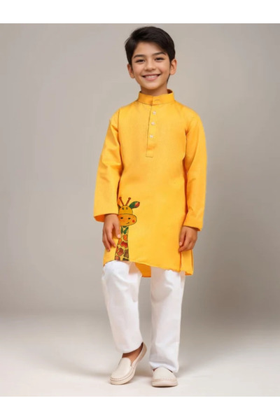 Devoiler Boys Yellow Cotton Kurta with Printed Design
