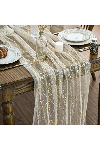 Generic Joyzzz Gauze Table Runners, Pack of 3 Beige Gold Glittering Mesh, 70x...