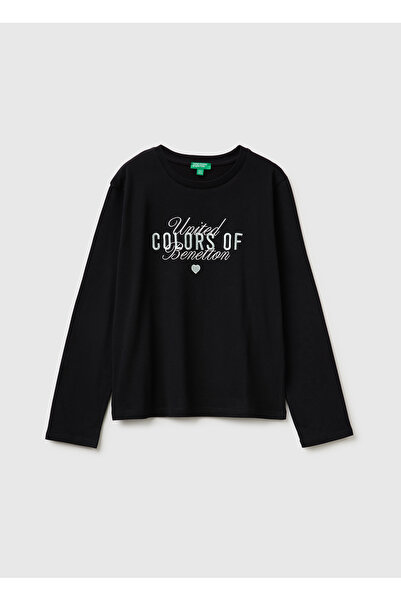 United Colors of Benetton Girl's Black Long Sleeve T-Shirt with Embroidered F...