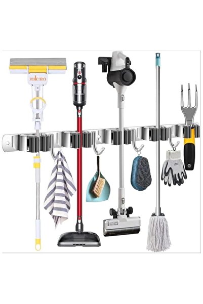 Generic Zalcoon Heavy Duty Metal Mop and Broom Holder, 5 Racks, 4 Hooks, Stai...