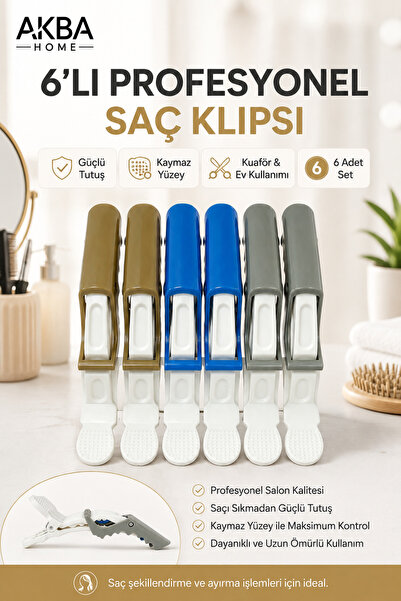 AKBA HOME 6’lı Profesyonel Saç Klipsi Seti Güçlü Tutuş Kaymaz Kuaför Tokası S...