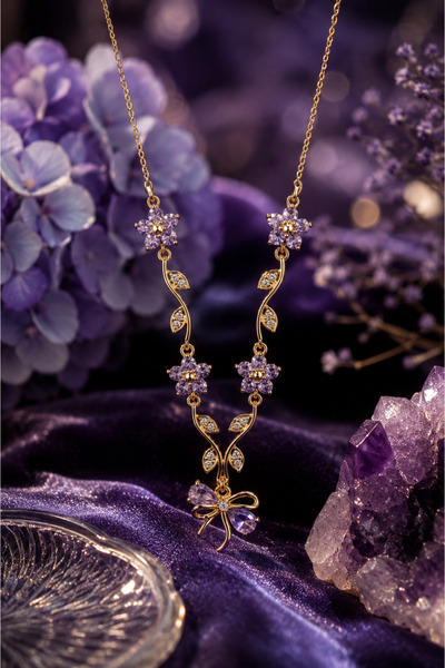 Sylvera Shop V Model Luxury Steel Necklace with Purple Stone Ivy Bow Figure (...
