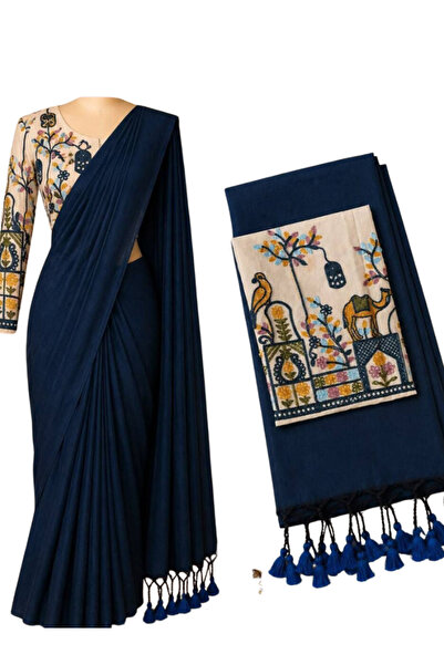 MYSMAR Blue Cotton Saree with Floral Embroidered Blouse - FFT9594 | Blue-Size-0
