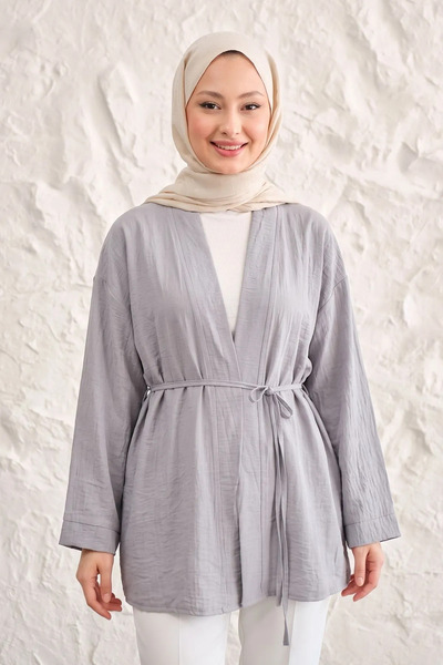 Modestim Tesettür Önü Bağlamalı Kimono Tesettür Tunik Açık Gri Oversize Yeni ...