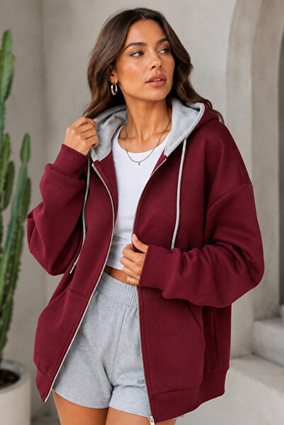 Moda Minimo Women's Oversize Hooded Cardigan Jacket Full Zipper Hooded Cardig...