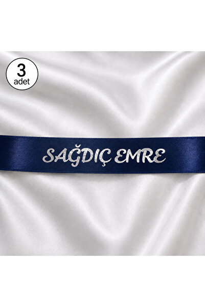 EvremStore 3 Adet Kişiye Özel Sağdıç Kurdelesi - Lacivert Üzeri Gümüş 50x3 cm