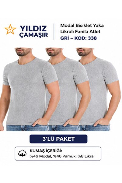 Yıldız Çamaşır Men's Modal Crew Neck Lycra Undershirt (335-336-337-338) - 3 P...