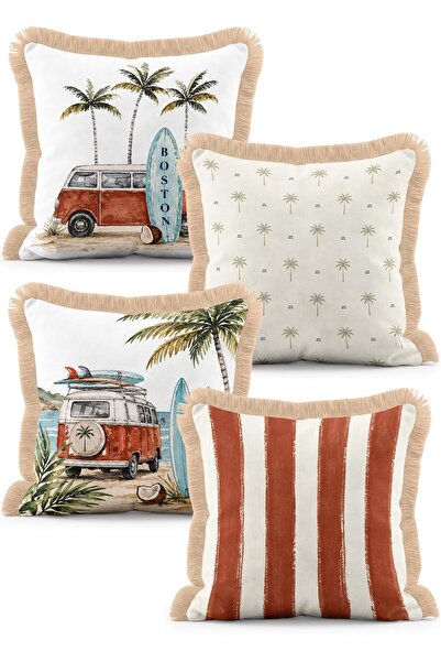 IdeCraft Retro Karavan Palmiye ve Sörf Figürlü Çizgili 4'lü Saçaklı Kırlent K...