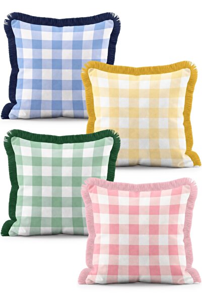 IdeCraft Colorful Gingham Plaid Patterned 4-Piece Fringed Throw Pillow Cover Set