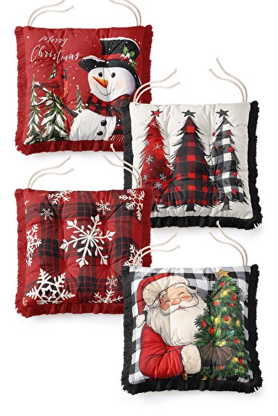 IdeCraft Red Plaid Pine Tree and Christmas Patterned 4-Piece Lace-Up Fringed ...