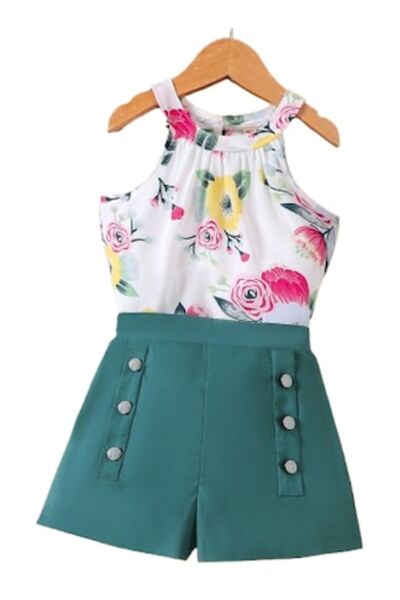 OEM Set din 2 piese pentru fete: maiou alb cu imprimeu floral și pantaloni sc...