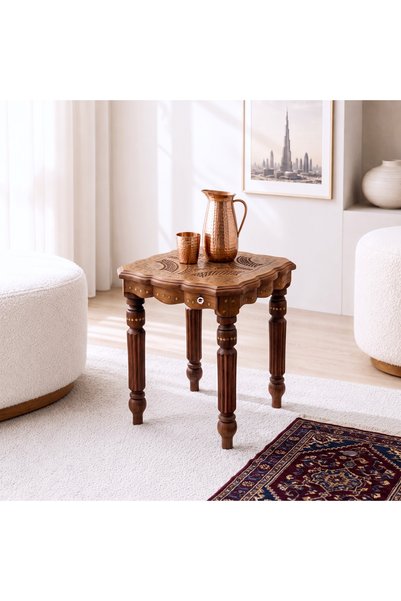 Al Athar Arts Decorative Hand-Cut Sheesham Wood Coffee Side Table with Brass Inlay { 42 X 42 X 45 Cm }