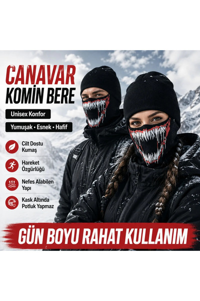 Genel Markalar Unisex Canavar Diş Baskılı Balaklava 1 Adet Tek Beden Viskoz K...