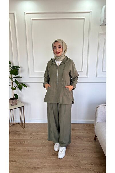 Moda Misali Kapüşonlu Fermuarlı Cepli Pantolon Takım