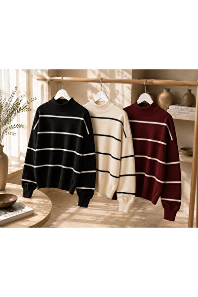 pepule Women's 3-Piece Striped Knitwear Sweater Oversize Loose Design