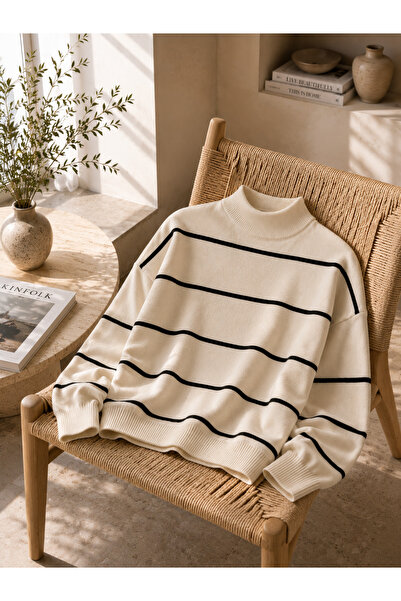 DepoExport Women's Half-Throat Striped Knitwear Sweater Oversize Loose Design