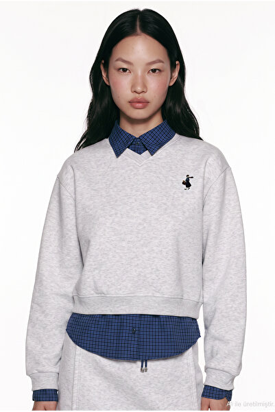 Quzu Plaid Garnished V-Neck Oversize Sweatshirt Karmelange