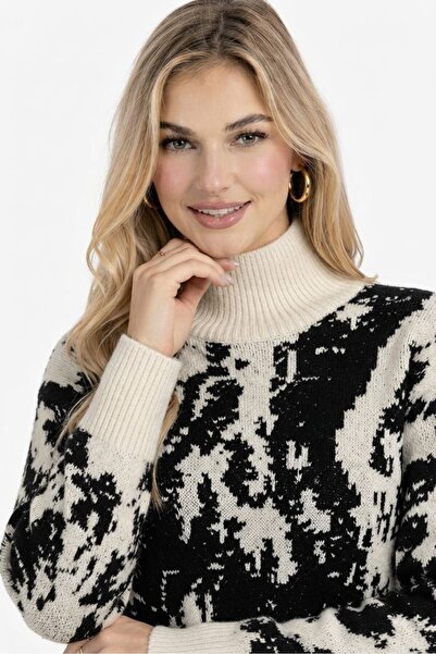 ZERELLE COLLECTİON Women's Ecru Black Patterned Oversized Knitwear Sweater Ha...