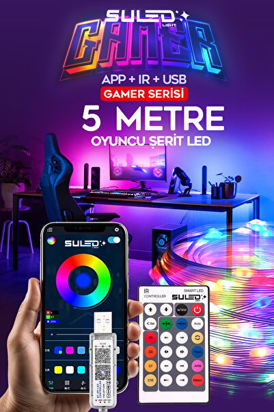 SULED Gamer Led Aydınlatma 5 Metre RGB LED Bluetooth Uygulama ve Kumanda Kontrollü USB Sese Duyarlı