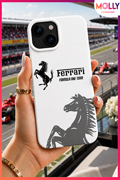 Molly iPhone 15 İçin Beyaz Racing Horse Desenli İçi Kadife Silikon Kılıf