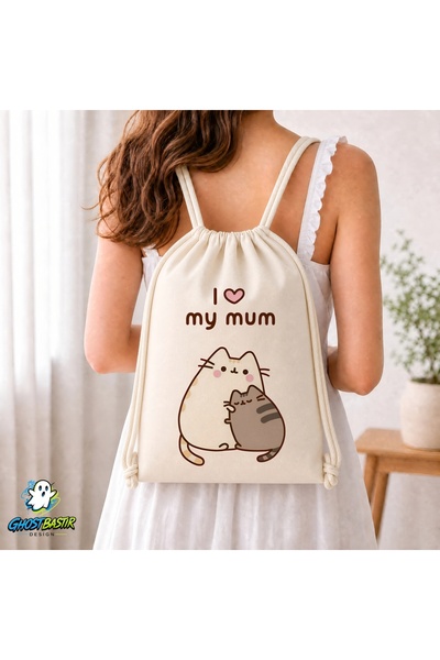 Ghostbastır Design Pusheen Mother's Love Drawstring Linen Bag C254