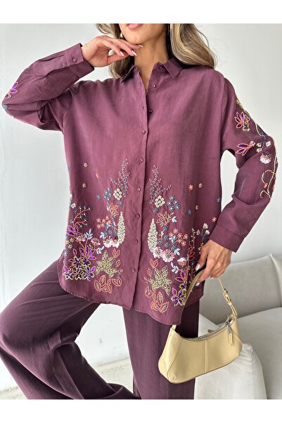 MİA NOURA Women's Oversize Shirt with Beading on Front, Back and Sleeves