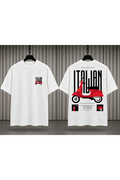 Italian Ride Scooter Baskılı Kısa Boy Oversize Beyaz Unisex Tişört