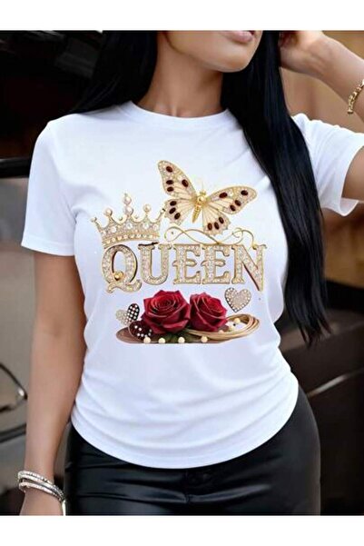 9JY تي شيرت QUEEN Queen Butterfly Crown بنمط الورد وياقة دائرية وأكمام قصيرة،...