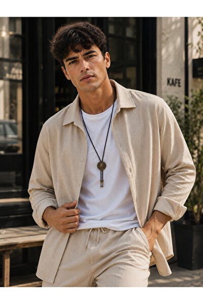 FAVORİST Men's Long Sleeve (Shirt and Trousers) Wrinkled Loose-Fit Suit