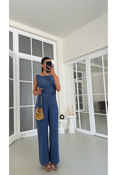 GAUS CO Koyu Mavi Gold Toka Detaylı Bluz Pantolon İkili Tencel Takım GAUS-01825