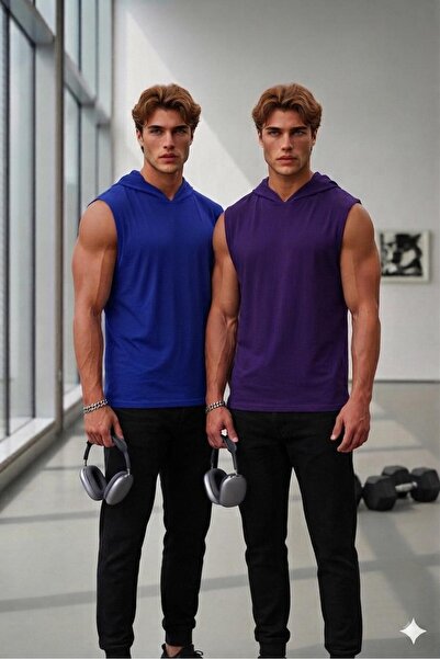 NO 601 Men's Purple - Saks Blue 2-Piece Hooded Sleeveless Plain Undershirt Ts...