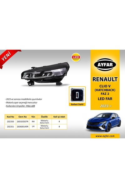 AYFAR Clio 5 Full Ledli Ön Far Sağ 2023 Sonrası Faz2 Motorlu Balastlı Beyinli
